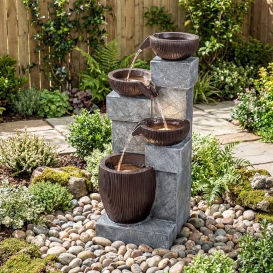 Outdoor Zen Lighting - Water Fountain Outdoor, 4-Tier Cascading Bowls